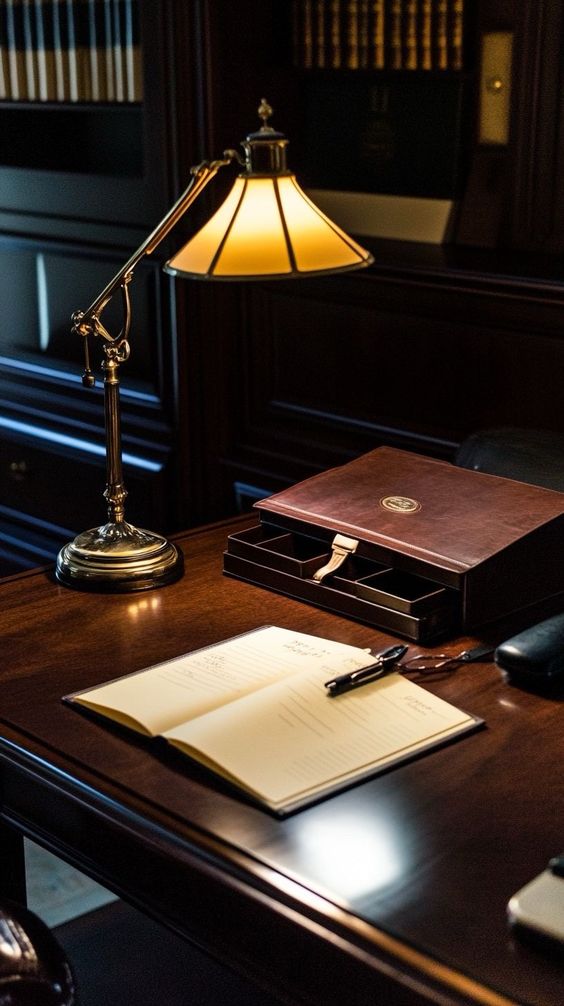 Old money study with brass lamp